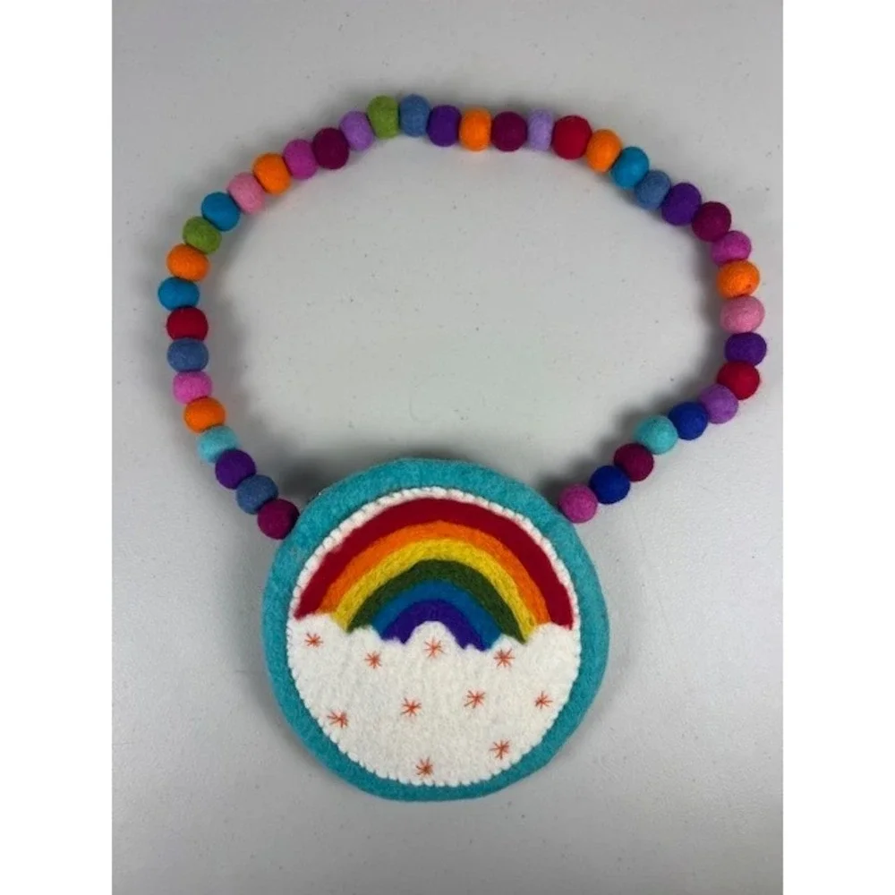 BNB Crafts Inc Rainbow Felt Wool Crossbody Bag Handmade Nepal Pom Pom Strap NEW